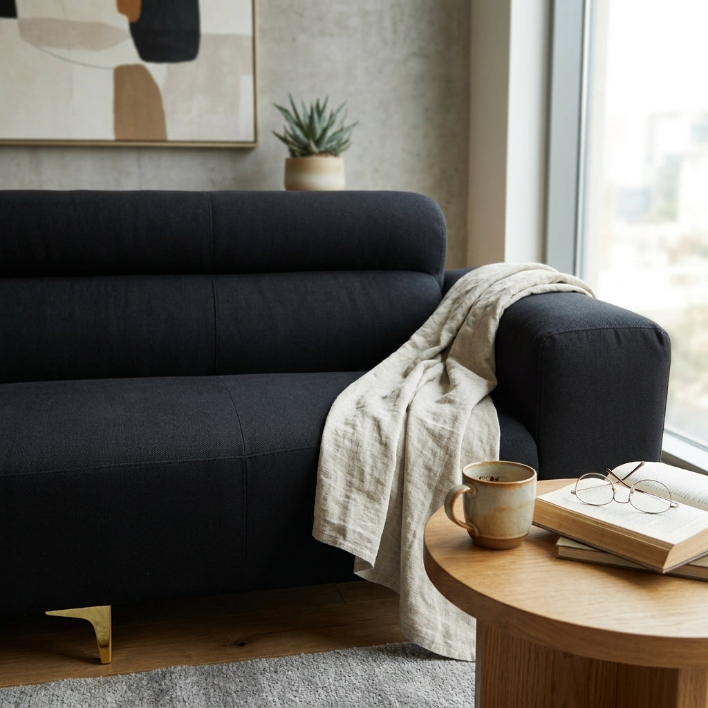 Modern Black 3-Seater Sofa with Gold Metal Legs