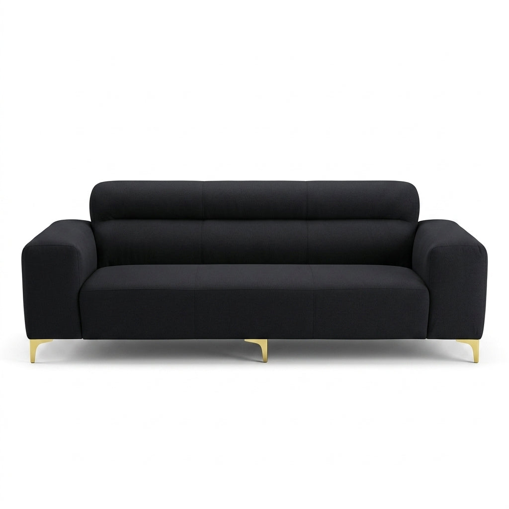 Modern Black 3-Seater Sofa with Gold Metal Legs