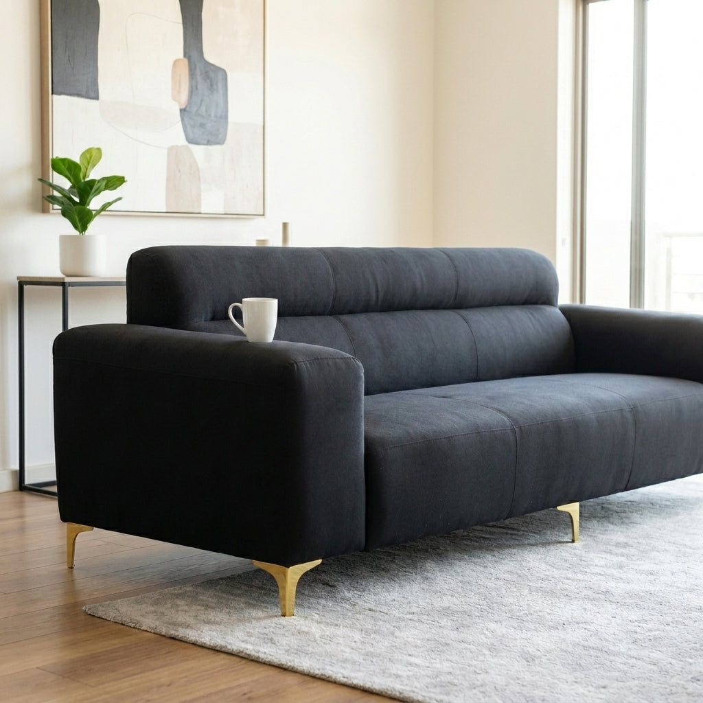 Modern Black 3-Seater Sofa with Gold Metal Legs