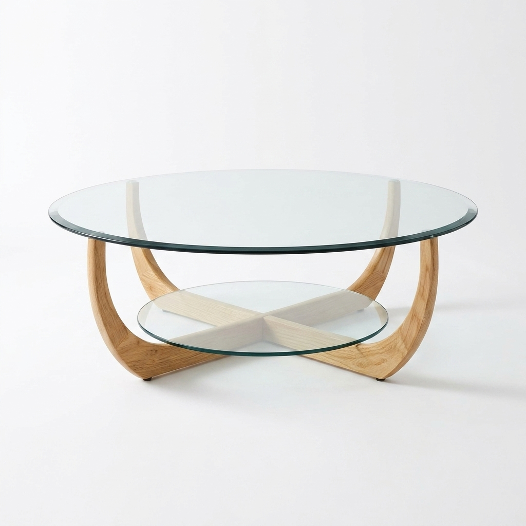 Round Glass Coffee Table with Curved Wood Base
